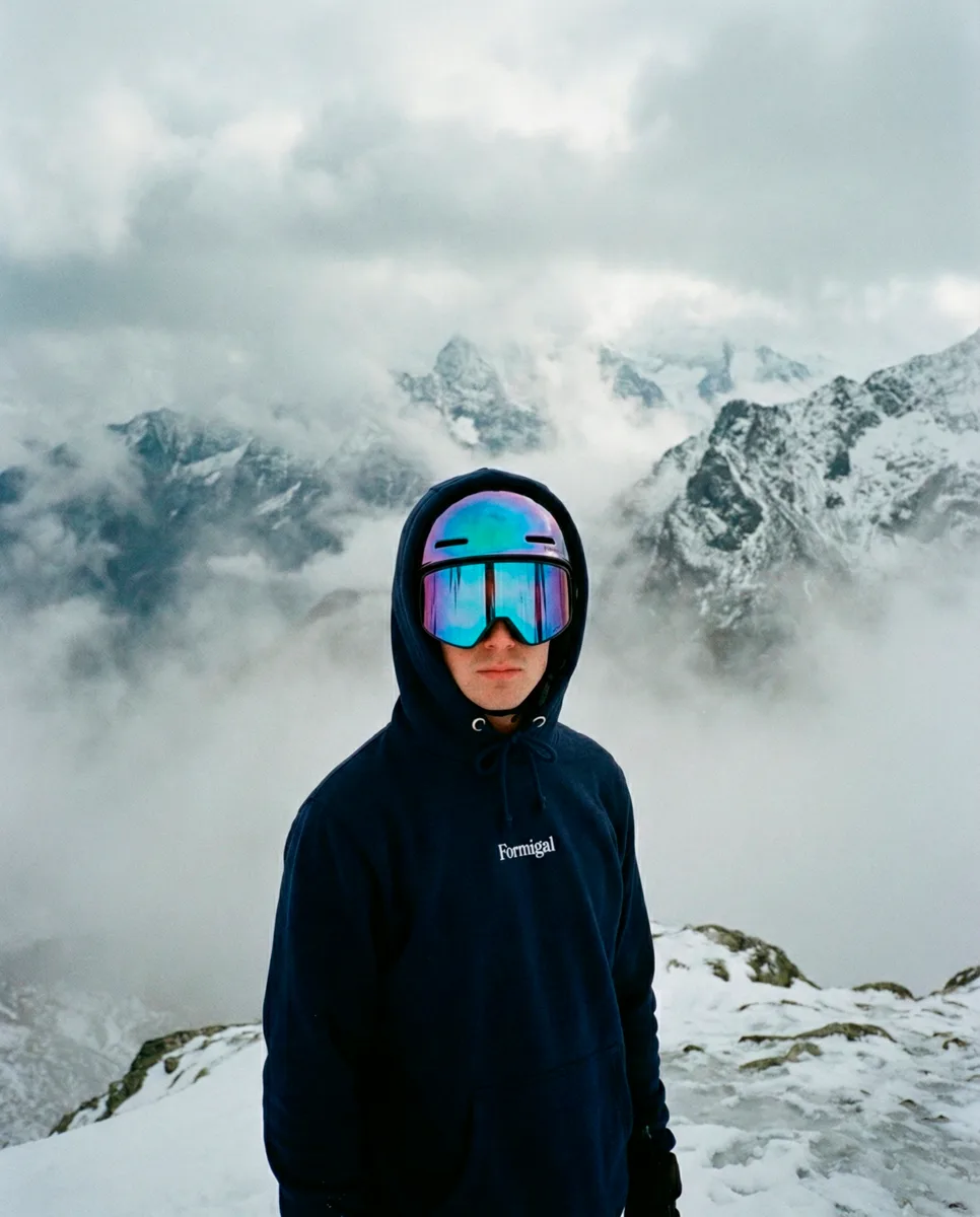 Chico con sudadera azul marino en las montañas de Formigal
