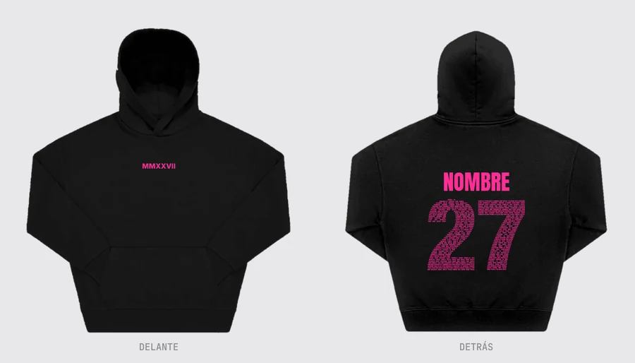 Simulación de una sudadera con capucha negra, por delante y por detrás, con el nombre y el número