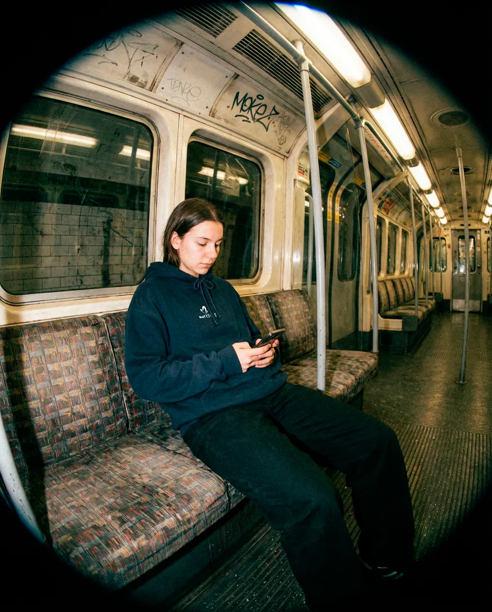 Foto ojo de pez en vagón de metro con sudadera azul marino