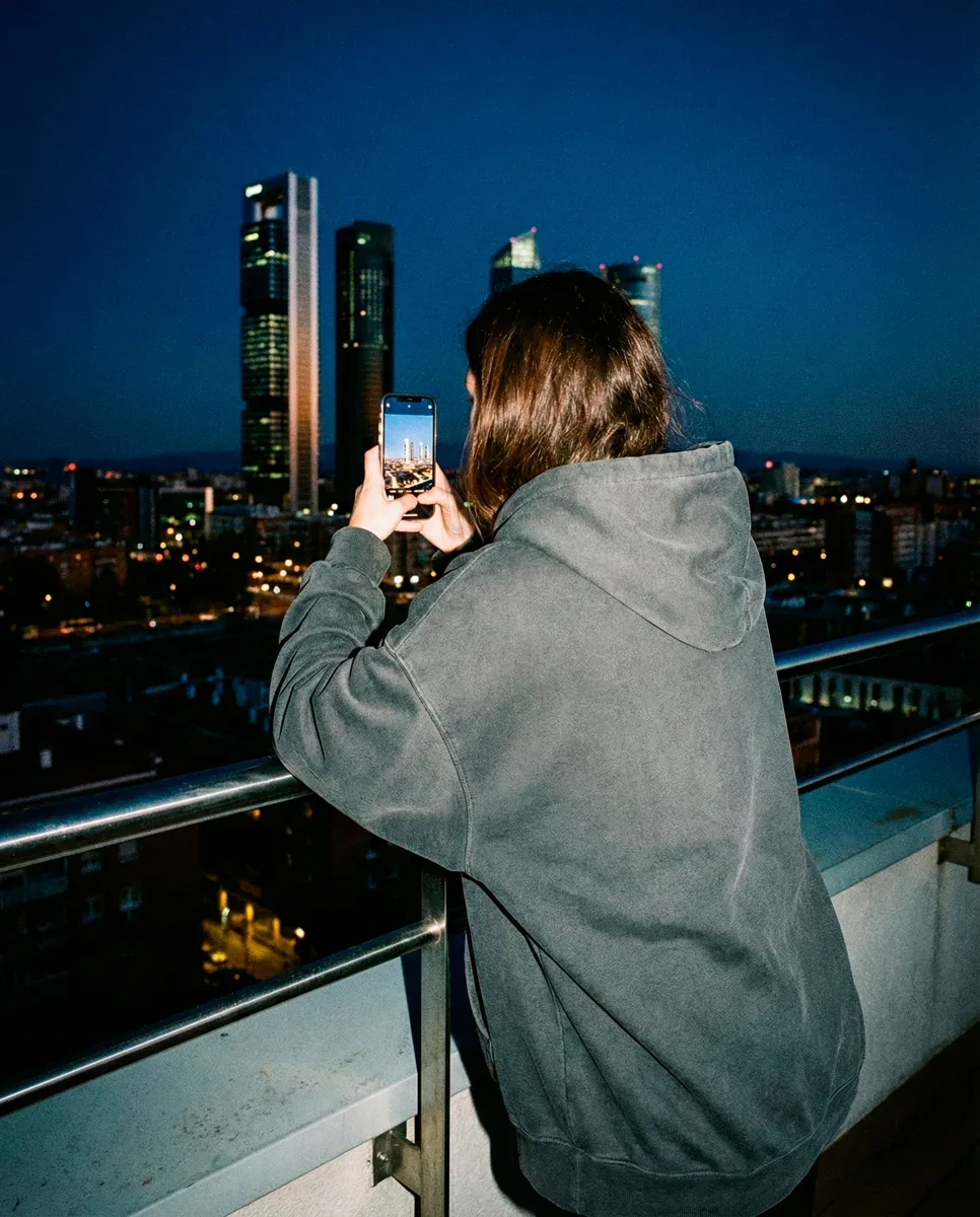 Chica de espaldas con sudadera gris fotografiando las 4 Torres de Madrid