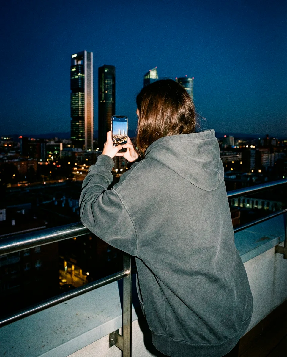 Chica de espaldas con sudadera gris fotografiando las 4 Torres de Madrid